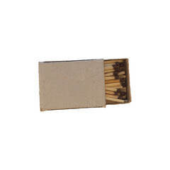A cardboard paper matchbox with a partially open top, in which matches lie, with a dark incendiary...