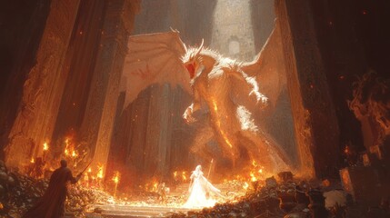 Heroic Knight Saving Princess from Dragon's Lair Amidst Glittering Treasures and Torchlight