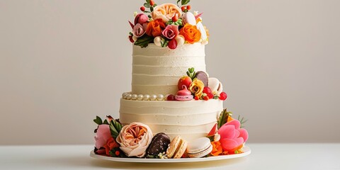 Two-Tiered Birthday Cake for an 80th Celebration, Decorated with Flowers, Fruit Macarons, and Chocolate Pearls, Featuring Vanilla Buttercream Frosting