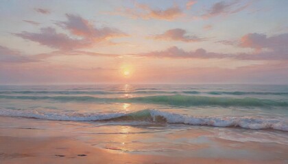 Obraz premium A serene ocean landscape at dawn, where gentle waves kiss the sandy shore and the sky is painted in soft pastels, evoking tranquility and peace, Generative AI