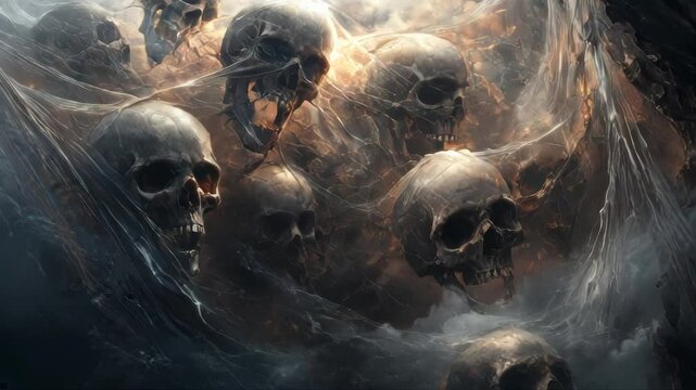 Dramatic image of skulls trapped in a web with fire and smoke in the background.. AI Generation