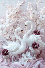 Obraz premium sculpture of two swans, with white and burgundy flowers in vases adorned with rhinestones, against a background luxury fabric