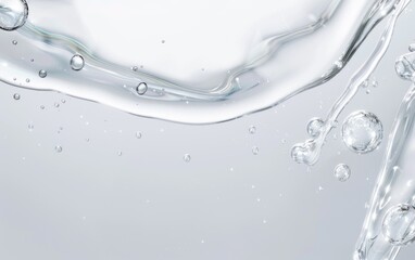 Clear liquid with bubbles on a white background. Water and purity concept for design and print.
