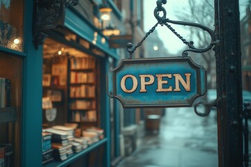 A vintage metal “Open” sign with a rustic, weathered look hangs outside a small, cozy shop.