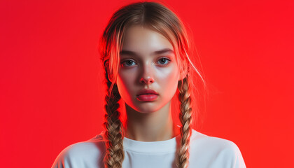 Blonde two braid haired girl, vibrant color fade background, various emotions