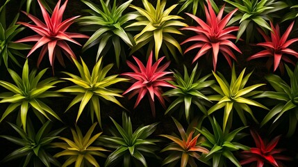 Fototapeta premium a pattern of vibrant, star-shaped plants arranged in a grid-like formation. The plants have long, pointed leaves and come in two main colors: a bright green and a deep red.