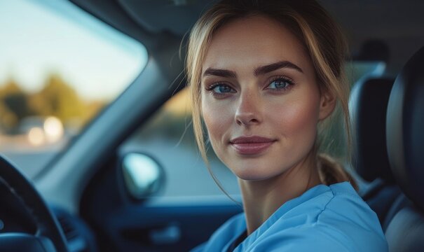 Female nurse sitting in car, going home from work. Female doctor driving car to work, on-call duty. Work-life balance of healthcare worker, Generative AI