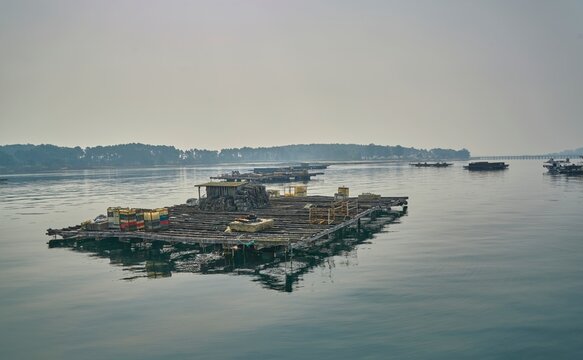 Bateas marisqueras en la r&iacute;a de Vigo, Galicia