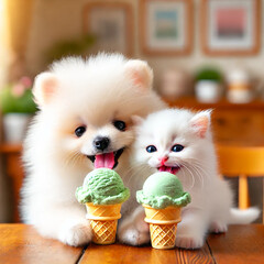 Adorable Pomeranian Puppies and Kittens Playing Together &ndash; Sweet Moments with Ice Cream and Friendship