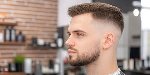 Photo of an attractive man with beard, and a side-part fade haircut in a barbershop