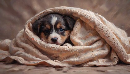 An adorable depiction of a puppy snuggled in a cozy blanket, exuding warmth and cuteness, inviting feelings of comfort and affection, Generative AI
