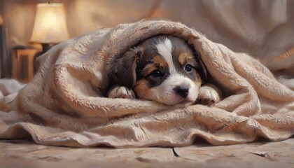 An adorable depiction of a puppy snuggled in a cozy blanket, exuding warmth and cuteness, inviting feelings of comfort and affection, Generative AI