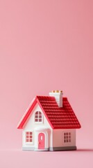A miniature white house with a red roof stands on a simple background
