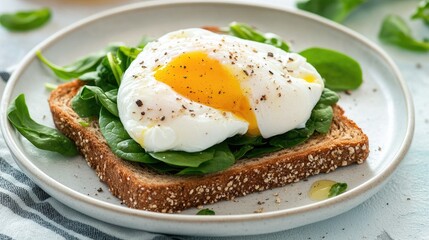 Fresh Poached Egg on Spinach Toast with Seasoning