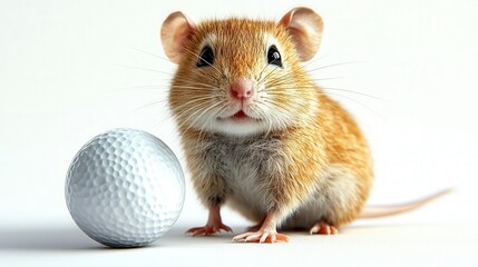 A curious little mouse stares at a golf ball