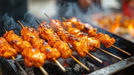 Grilled Chicken Skewers Over Charcoal Flames