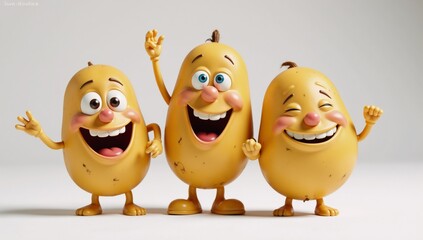 Happy potato animated characters depicted as they dance together against an empty backdrop