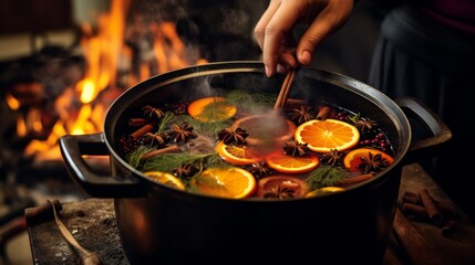 Fototapeta premium Mulled vine pot with fruits in process with dark warm room background. Neural network ai generated art