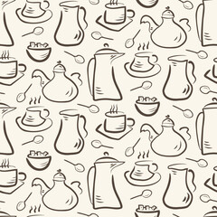 Retro hand drawn teapot, coffee pot and cups seamless vector pattern background. Neutral outline breakfast crockery beige ecru backdrop. Cozy kitchen icons for cafe, bistro. All over repeat.