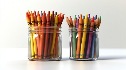 Two glass jars filled with colorful crayons