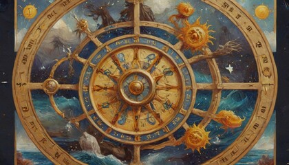 Fototapeta premium A captivating artwork illustrating the Wheel of Fortune tarot card, symbolizing the cycles of life and the ebb and flow of destiny, Generative AI