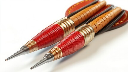 Two ornate darts with red and gold accents and leather wraps