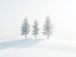 Fototapeta premium Three tall trees gracefully rise above a snowy hill, surrounded by a serene winter landscape and soft, bright light