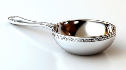Shiny silver bowl with ornate handle and beaded rim