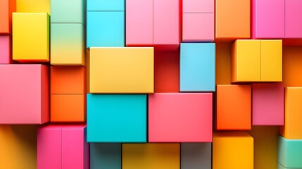 a colorful arrangement of rectangular blocks stacked together. The blocks are in various bright colors, including shades of pink, orange, yellow, blue, and teal.