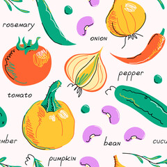 Seamless pattern of different vegetables on a light background with inscriptions, drawing, hand drawn illustration