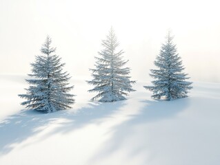 Obraz premium Three evergreen trees are blanketed in snow, creating a peaceful winter atmosphere on a foggy morning