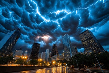 A storm rolling over an urban skyline, with dark clouds looming above skyscrapers and lightning striking in the distance