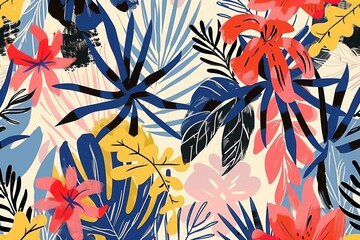 A colorful painting of a tropical forest with flowers and leaves