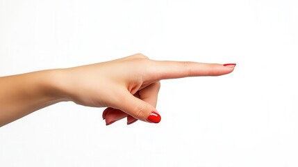 A womans hand with red nail polish pointing to the right