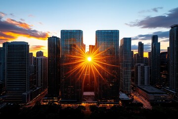 A stunning urban skyline at dusk, with the last rays of sunlight reflecting off the glass of towering skyscrapers and office buildings