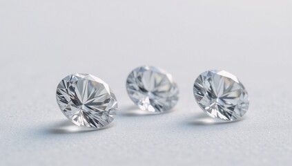 Three isolated shimmering diamonds against a pure-white background