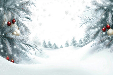 Christmas illustration. Snow-covered fir branches are decorated with red balls, a beautiful New Year's background in a minimalist style. Advertising banner.