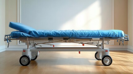 Empty hospital stretcher with blue linens on wooden floor