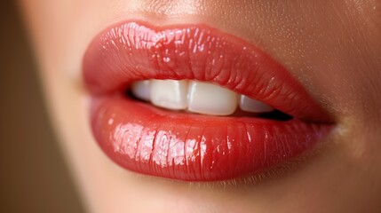 Obraz premium Closeup photograph showcasing Glossy Lips adorned with a Soft Coral Shade of Lipstick