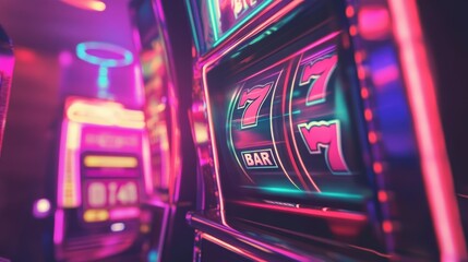 Obraz premium A vibrant close-up of a slot machine with colorful lights, featuring spinning reels displaying 
