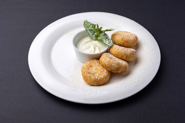 Delicious cheesecakes on a plate. Close up