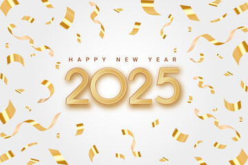 Happy new year 2025 background banner. Elegant New Year celebration design with a splash of celebratory ornaments. New Year greeting and celebration. Vector 3d realistic illustration