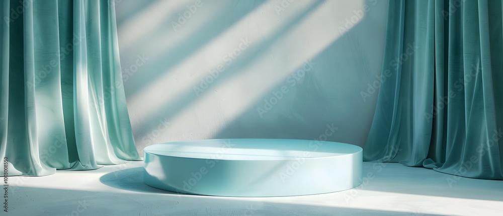 Poster elegant light-filled studio with soft drapery and platform