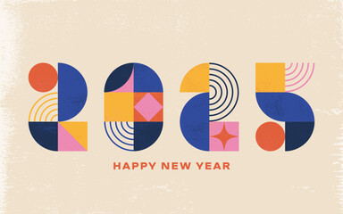 2025 year greeting card design. Abstract colorful new year 2025 celebration poster with geometric numbers, creative postcard template. Vector illustration