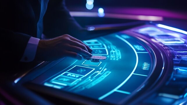 A sleek casino table with advanced digital interfaces, highlighting gameplay and strategy in an atmosphere of luxury and excitement.