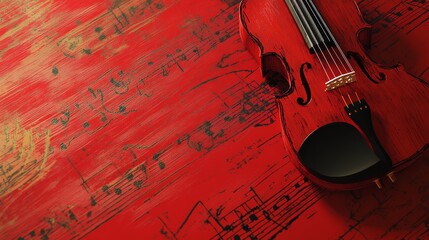 A red background with musical notes and a violin creates a vibrant, artistic representation of...