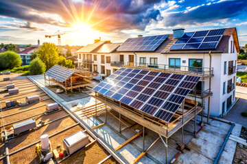 Modern Sustainable House with Residential Solar Panels at Sunset Clean Energy and Eco-Friendly Living