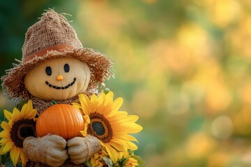 cheerful scarecrow surrounded by pumpkins and sunflowers, perfect for an autumn harvest festival banner with space for text