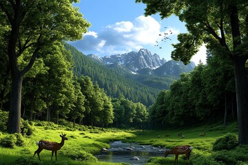 A vibrant forest teeming with wildlife, with deer grazing, birds flying between the trees, and a stream running through the middle