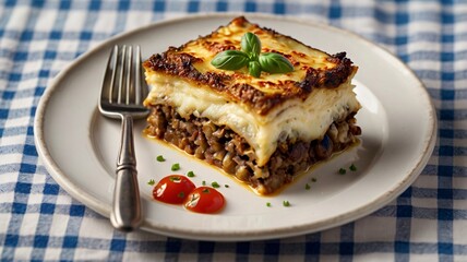 A generous square portion of moussaka